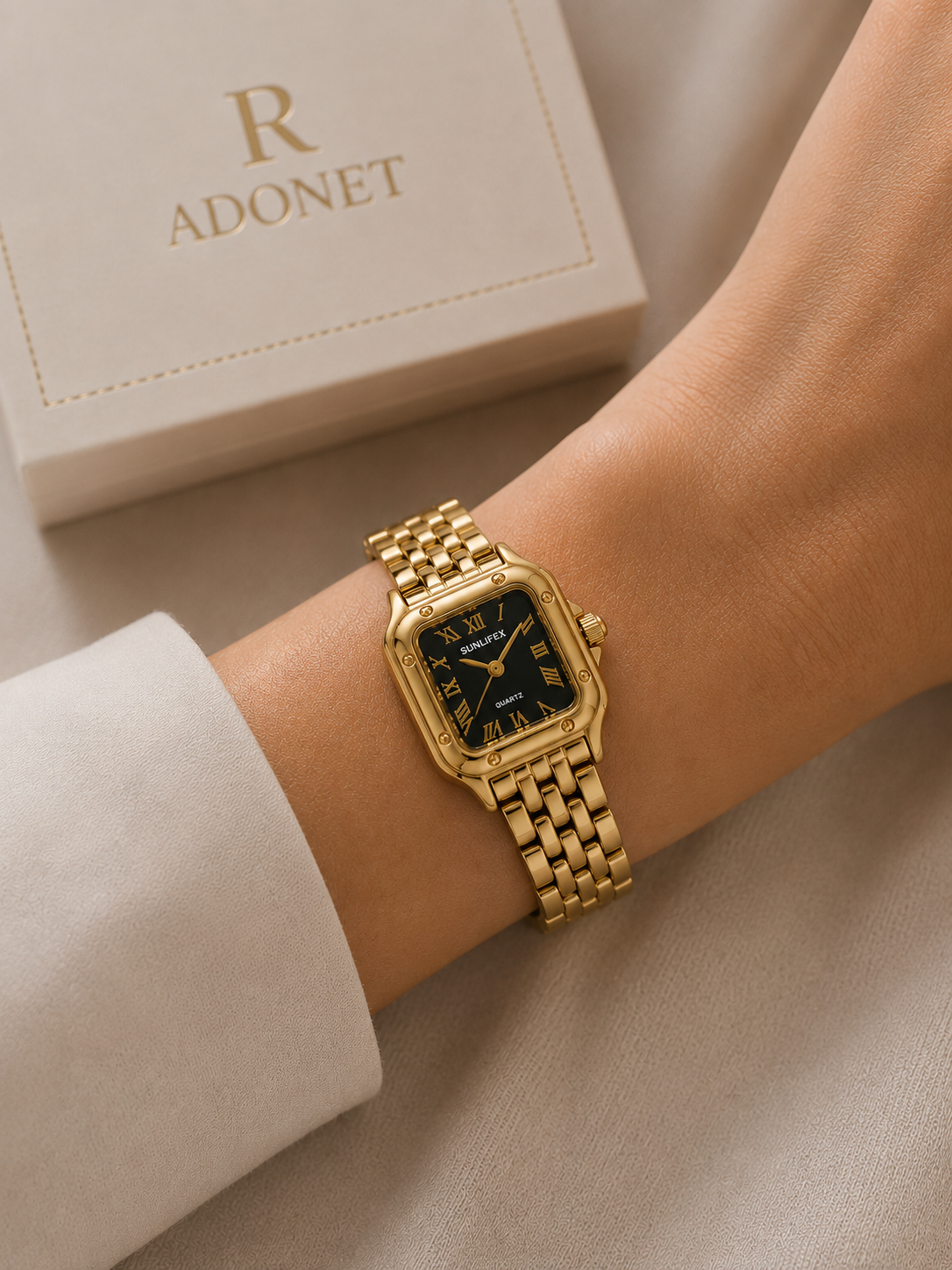 Reloj WANLAR Tipo Cartier Dorado Cara Negra