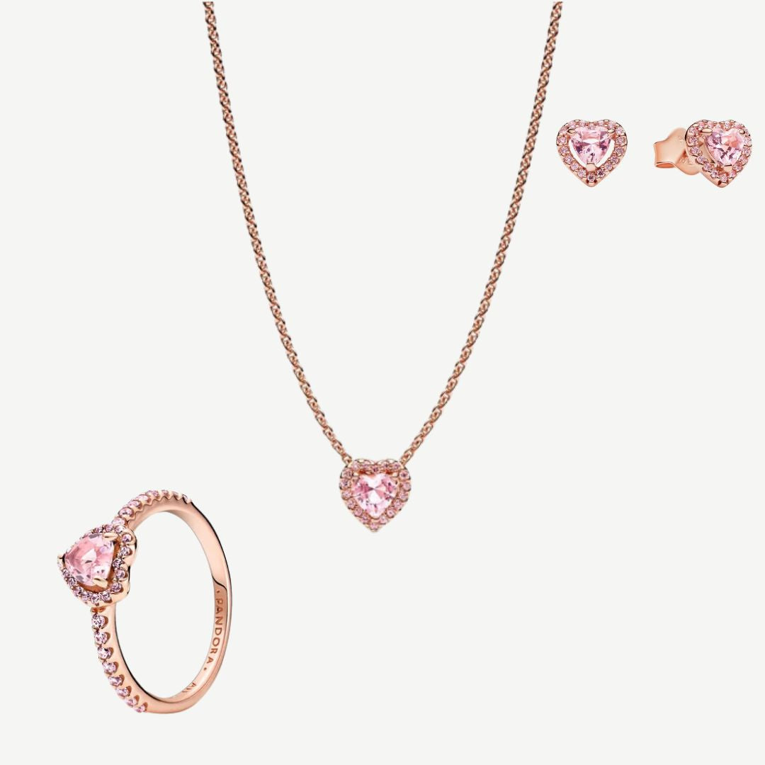Conjunto Corazon en Relieve Rose Gold (Collar + Pendientes+ Anillo)