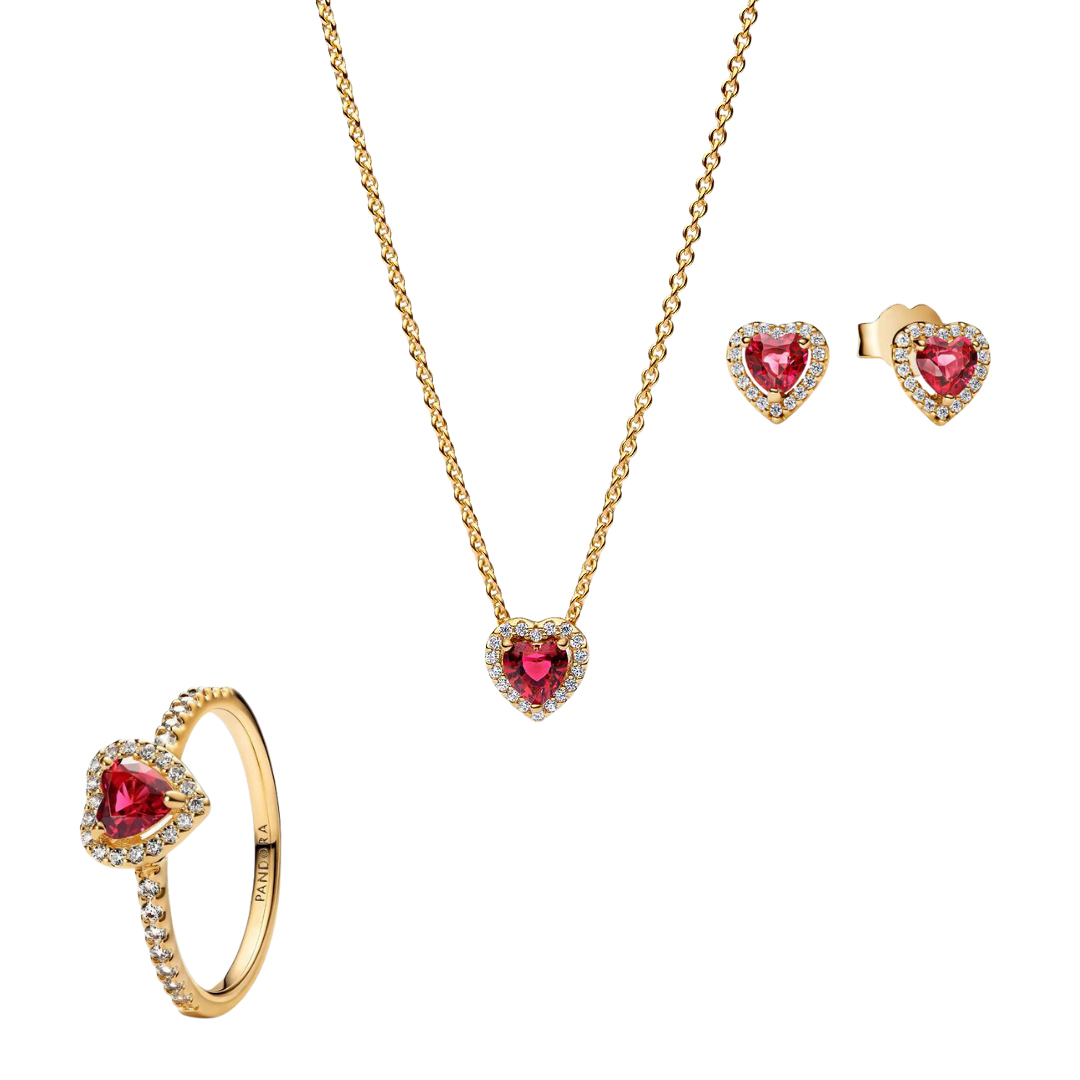 Conjunto Dorado Corazon Rojo (Collar + Pendientes + Anillo)