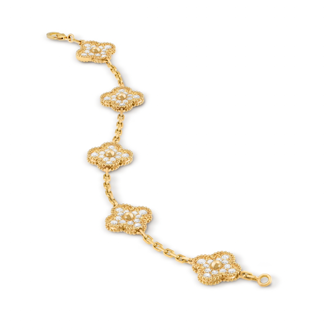 Pulsera Van Cleef Alhambra vintage 5 Tréboles Dorado con Piedras