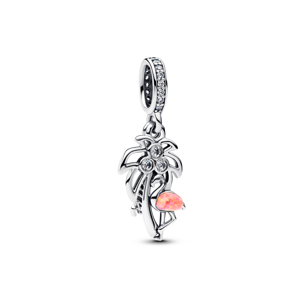 Charm Colgante de Palmera y Flamenco con ópalo rosado
